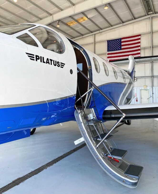 Pilatus PC-12 aircraft managed by Elite Aircraft Services inside the hangar at Raleigh Executive Jetport