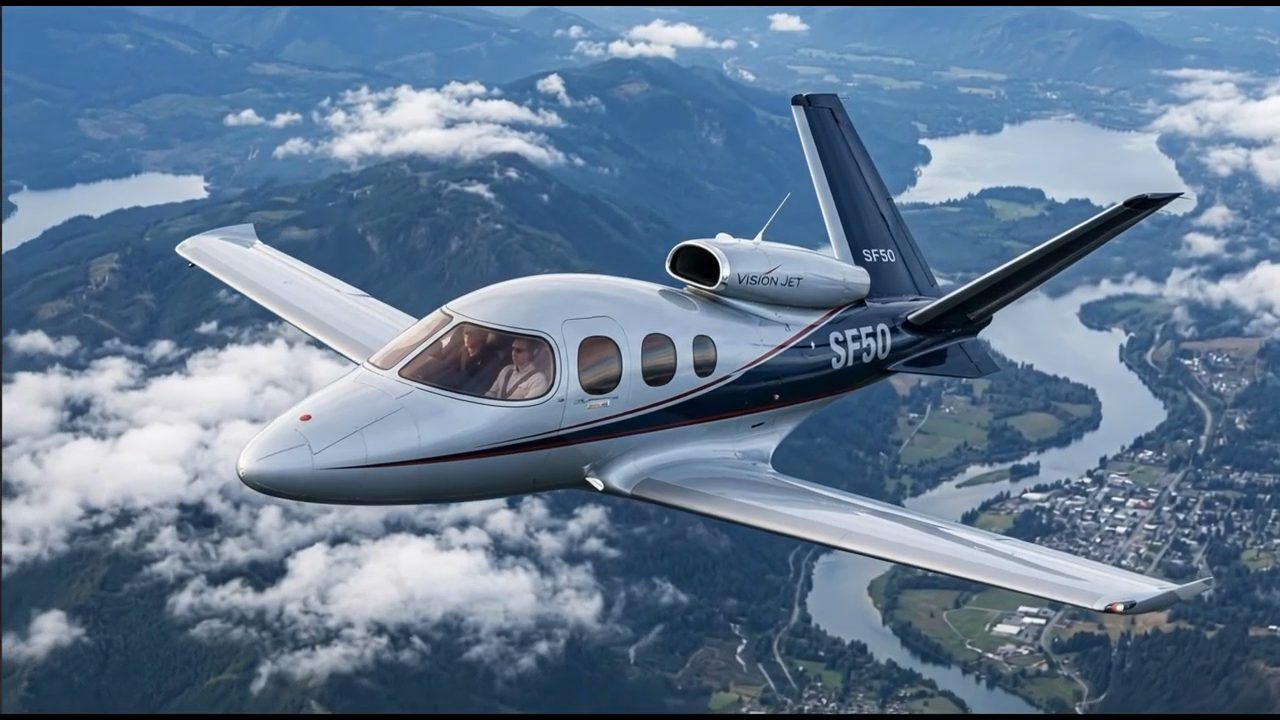 SF50 Vision Jet in flight over mountains and a river